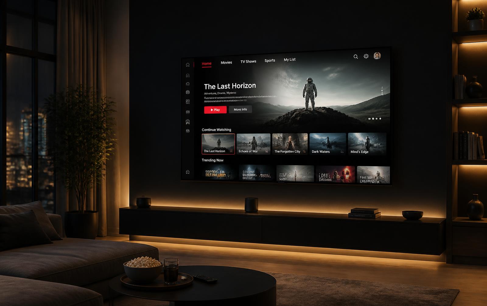 Smart TV exibindo a interface do VexaPlay em uma sala escura